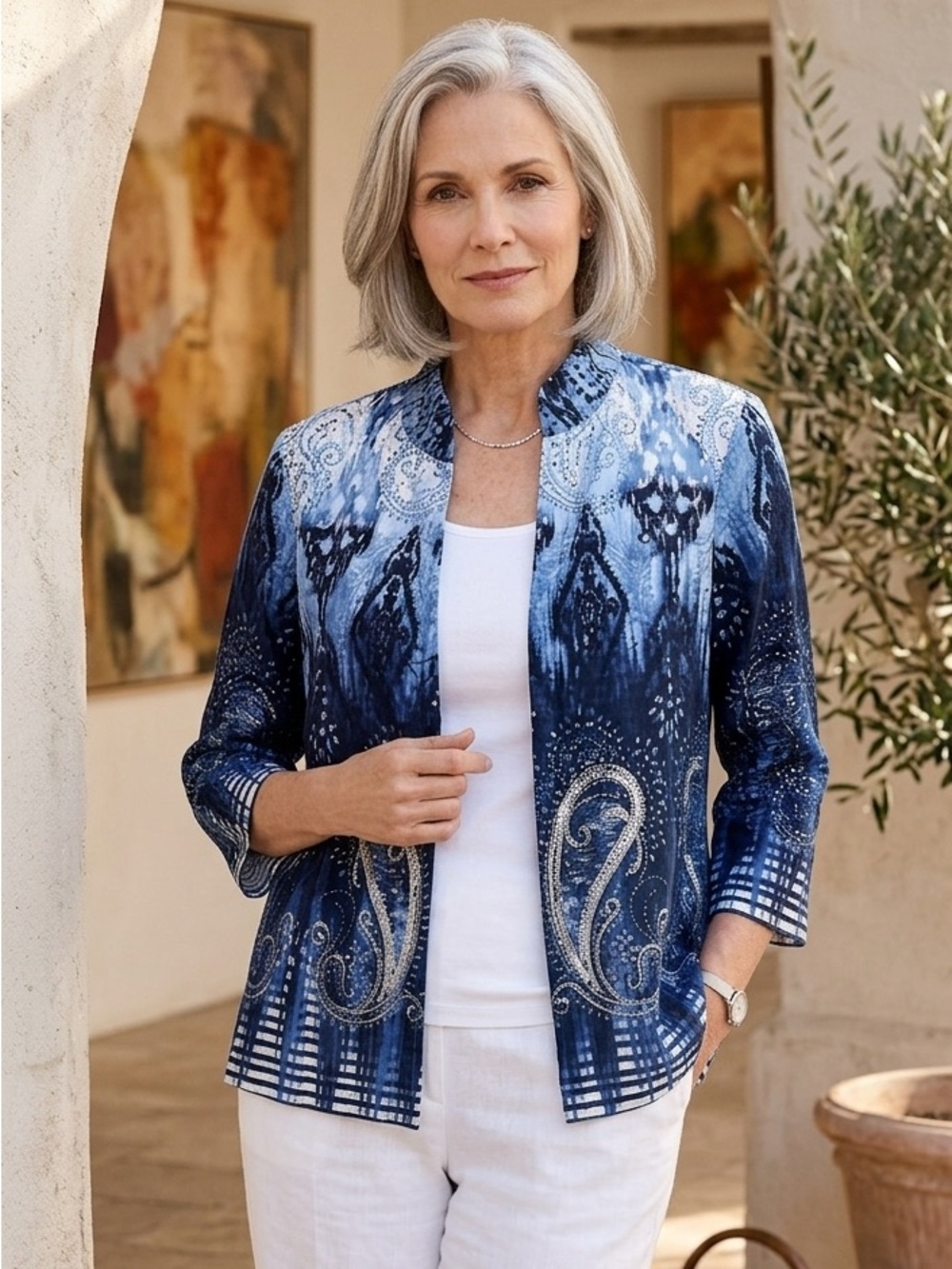 Chico’s Blue Paisley‎ Ombre Open Front Jacket Sequin Linen Blend Size 0 Small